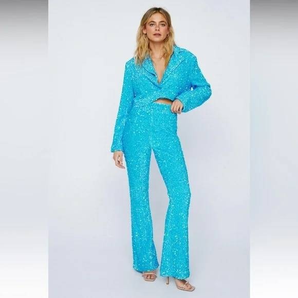 Nasty Gal Pants - Nasty Gal $326 Size 6 Teal Blue Sequin Two Piece Set Cropped Blazer Flare Pants